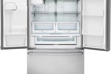The Electrolux 21.5 French Door Fridge (model #: ew23bc87ss1) with its doors open.
