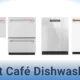 Lineup of Café dishwashers in various finishes, featuring both single and double drawer designs, with options in stainless steel and white. Each model has distinct handle styles, including some with copper accents, showcasing a blend of modern and classic aesthetics. Text at the bottom reads: ‘Best Café Dishwashers.