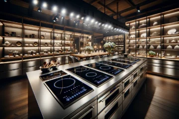 Photo of a High-End Kitchen Appliance Store: High-resolution photo inside a sophisticated kitchen appliance store. The focal point is three top-tier induction ranges, each on its own platform with ambient spotlighting from above. The background showcases a wall of elegant kitchen cabinetry with other kitchen appliances subtly displayed. In the foreground, a single sales associate of Hispanic descent, dressed in a sharp suit, tidies up one of the induction ranges with a microfiber cloth. Adjacent to each range is a small, elegant stand displaying a card with key features and specifications.