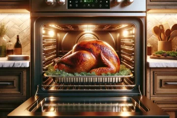 A perfectly cooked turkey in a convection oven, viewed through the oven's glass door. The setting should exude a sense of luxury yet maintain a cozy and warm atmosphere. The turkey is golden brown, basted with a buttery shine, and surrounded by aromatic herbs like rosemary and thyme. The kitchen should have a rustic yet elegant feel, with rich wooden counters, a marble backsplash, and ambient lighting that creates a welcoming and festive mood. The oven is built into a custom cabinetry, reflecting a high-end kitchen design.