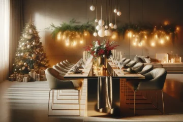 A modern, warm, and luxurious holiday party setting. The scene features a contemporary dining room with a sleek, large table adorned with a metallic golden runner, elegant crystal glassware, and a minimalist centerpiece of red berries and white flowers. Warm ambient lighting and subtle green garlands add a cozy, festive touch. In one corner, a modern Christmas tree with minimalist white lights and simple, sophisticated ornaments.