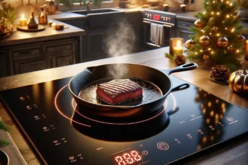 An image of a modern, sleek kitchen with an induction cooktop prominently displayed. The cooktop has a shiny, black glass surface with a red glow indicating it's on. A cast iron skillet sits on the cooktop, with a beautifully seared beef tenderloin inside, steam rising from it. The kitchen is decorated with subtle holiday decor, such as a small Christmas tree on the counter and Thanksgiving-themed decorations like pumpkins and leaves. In the background, a kitchen timer shows a countdown, emphasizing the efficiency of cooking with induction. The atmosphere is warm and inviting, with golden lighting that gives off a cozy holiday vibe.