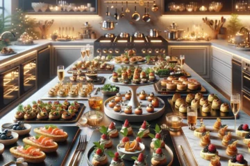 An array of gourmet holiday appetizers, signifying the ease provided by luxury appliances. A sleek and modern kitchen setting, exuding luxury with state-of-the-art induction cooktops, smart ovens, and premium kitchen gadgets. The counter is adorned with sophisticated appetizers like miniature bruschettas, smoked salmon blinis, gourmet stuffed mushrooms, and petite quiche, all plated on elegant serveware. The ambiance is inviting with soft, warm lighting and a backdrop of polished stainless steel appliances, reflecting the convenience and class of high-end culinary technology.