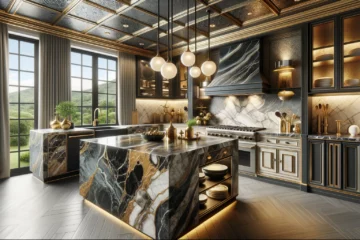 A kitchen design highlighting 'Material Mix-Up: Bold Patterns and Textures'. The kitchen features dramatic high-drama marble countertops, showcasing bold patterns and a luxurious look. Mixed materials are evident throughout, with stone surfaces complemented by metallic accents, such as gold-colored hardware and fixtures. These elements create a striking visual interest and define the character of the space. The design seamlessly integrates traditional and modern elements, with metallic accents enhancing the traditional kitchen setting, adding a touch of opulence and elegance. The overall atmosphere is sophisticated, perfect for both cooking and hosting elaborate dinner parties.