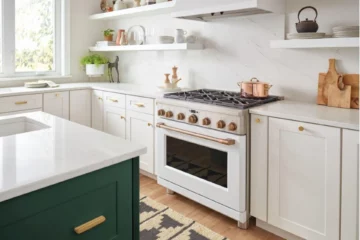 A view of customized Cafe appliances in a bright kitchen.