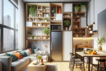 A hyper-realistic magazine feature style image depicting the interior of a small city apartment, designed with modern, space-saving solutions. The scene includes a compact living area seamlessly integrating a kitchen, dining, and living space in a cohesive manner. Furniture is sleek and multifunctional, with hidden storage solutions. The color scheme is neutral with vibrant accents to give a sense of spaciousness and energy. Natural light floods the room through large windows, highlighting the smart use of vertical space and hanging plants, which add a touch of greenery. This interior exemplifies the rise of urban living, showcasing how design can make the most of limited space in city apartments.