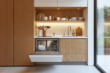 A small, modern kitchen with a dishwasher open.