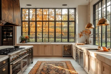 Head-on shot of an inviting cozy kitchen. Pumpkin pie on the counter, the space features warm lighting and cream walls with wide oak cabinets. There is an island in front of large windows where autumn leaves can be seen. Luxury appliances visible, including upscale fridge and wine cooler.