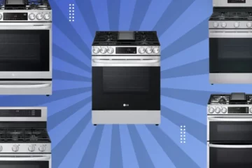 Five LG gas ranges displayed on a blue gradient background with a radial pattern. Models include LDGL6924S, LSGL5833F, LTGL6937F, LRGL5823S, and LSGL6337F, showcasing a mix of single-oven and double-oven designs in stainless steel.