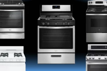 Selection of five kitchen ranges from various brands including Hotpoint, Frigidaire, Whirlpool, GE, and LG, displayed against a black gradient background. Each range has unique designs, with models in stainless steel and white finishes, featuring both gas and electric options.