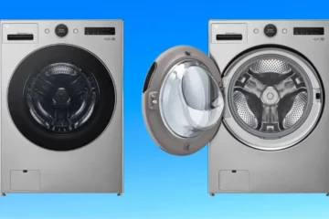 LG WM6998HVA front-load washer in stainless steel shown with one closed and one open door, revealing a spacious drum interior. The washer features a sleek design with touch controls and an LED display. Set against a blue gradient background.