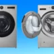 LG WM6998HVA front-load washer in stainless steel shown with one closed and one open door, revealing a spacious drum interior. The washer features a sleek design with touch controls and an LED display. Set against a blue gradient background.
