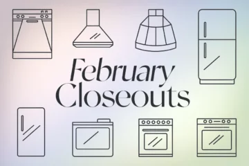 A minimalist grid of line-drawn icons representing a dishwasher, a range hood, refrigerator, and an oven on a soft pastel gradient background. A subtle text overlay reading “February Closeouts” in modern, sans-serif typography is in the middle of the graphic.