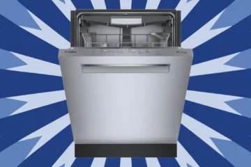 Front-facing view of Bosch dishwasher SHP65CM5N with door slightly open, clearly showcasing stainless steel finish and rack configuration on a vivid radial burst background.