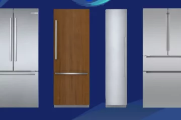 Bosch refrigerator comparison featuring French-door, custom-panel bottom-freezer, single-column fridge, and dual-drawer fridge models in various finishes and designs.