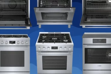 Comparison of Bosch ranges, including gas and induction models, featuring stainless steel finishes, spacious oven interiors, and advanced control panels.