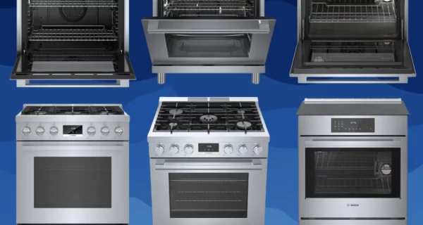Comparison of Bosch ranges, including gas and induction models, featuring stainless steel finishes, spacious oven interiors, and advanced control panels.