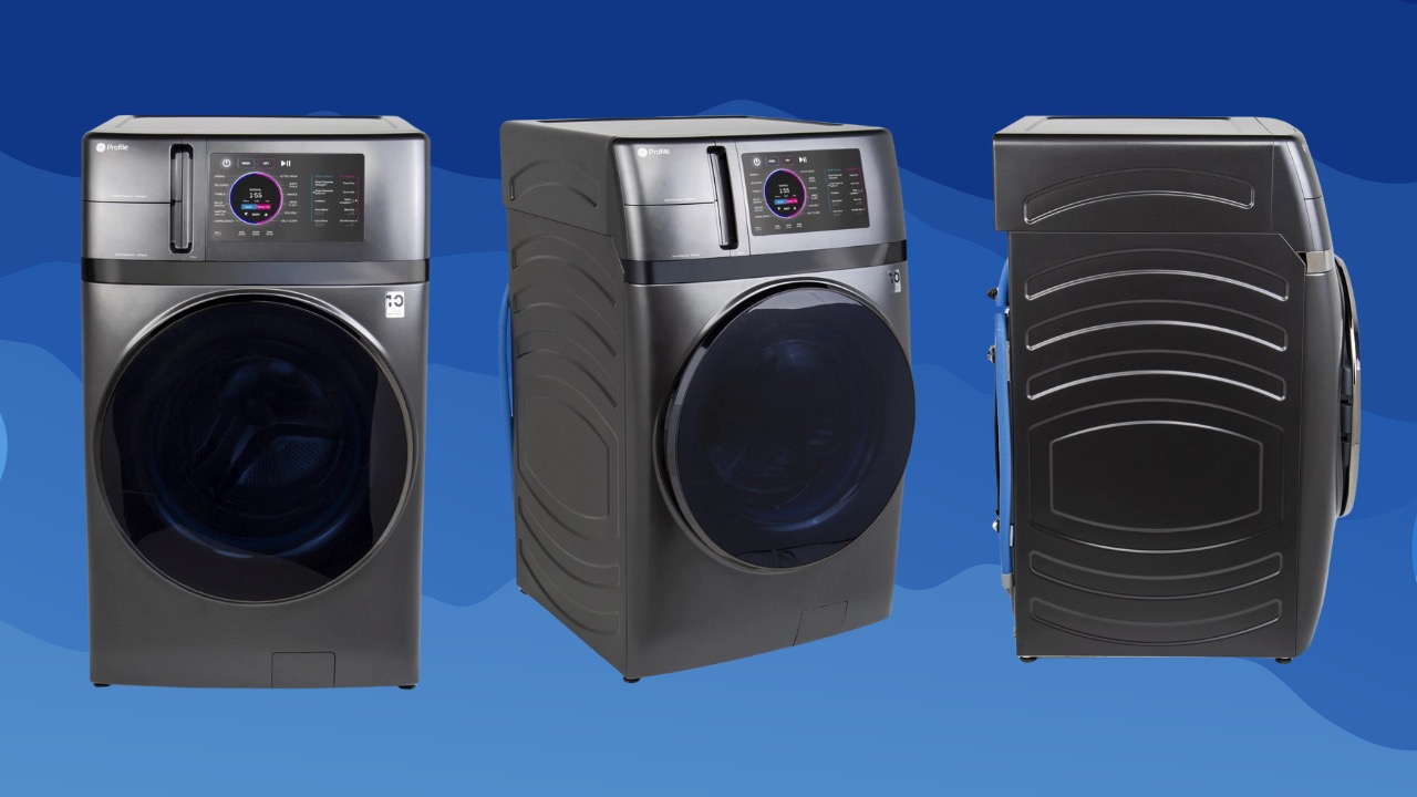 Three views of the GE Profile PFQ97HSPVDS washer-dryer combo in dark metallic finish, shown from the front, front-side angle, and side against a blue background.