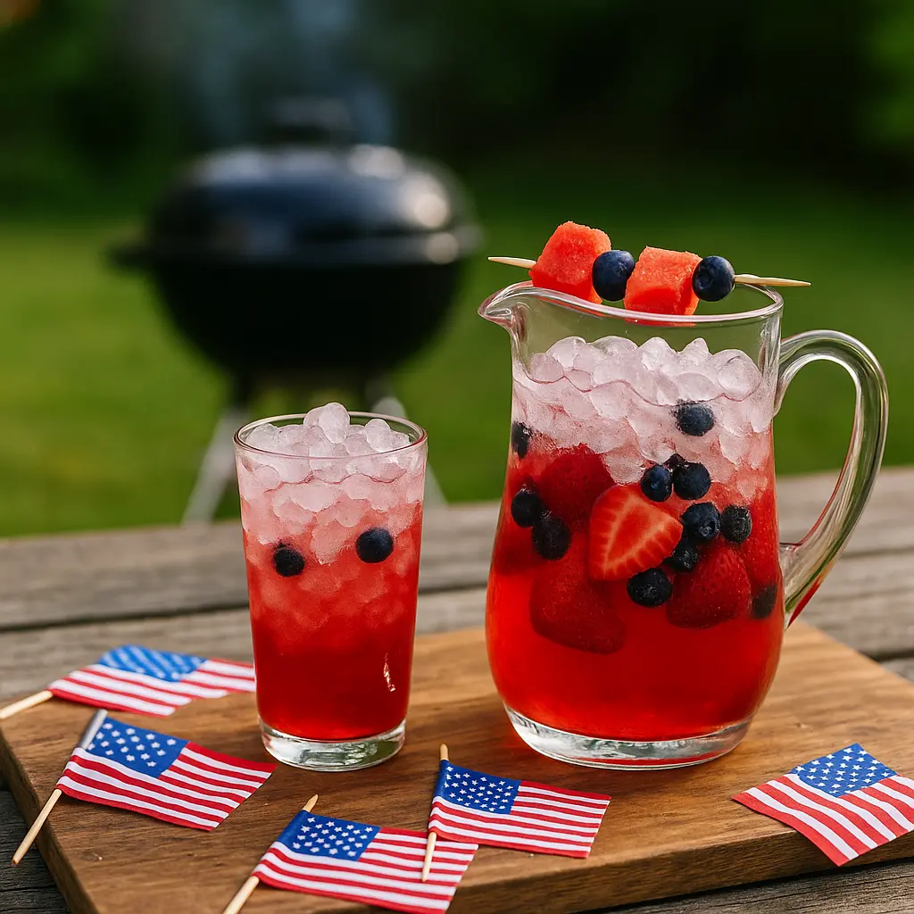 Pitcher of berry spritzer packed with nugget ice on a rustic table surrounded by mini American flags at a Memorial Day cookout.