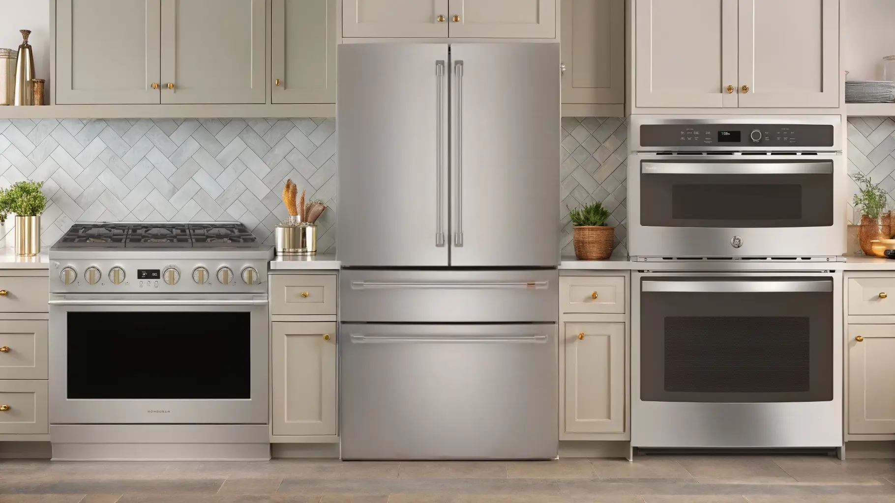 GE Profile wall oven, Monogram induction range, and Café fridge displayed together in a modern kitchen