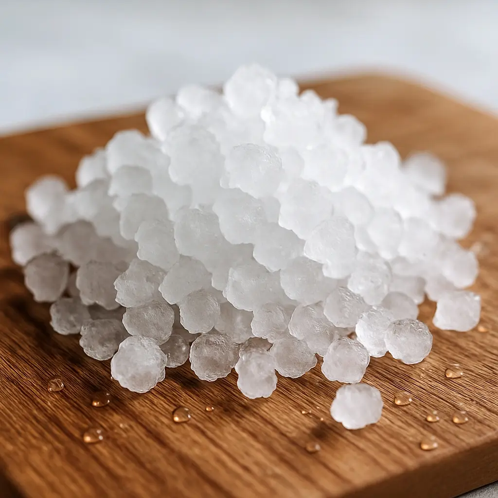 Soft, chewable nugget ice pebbles on wooden cutting board showing the unique pellet texture perfect for drinks
