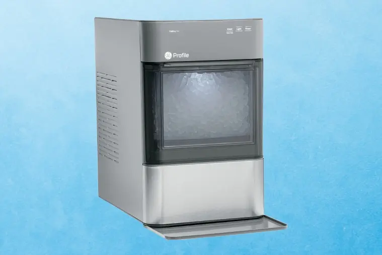 GE Profile Opal 2.0 Nugget Ice Maker with clear viewing window showing soft chewable ice perfect for summer entertaining