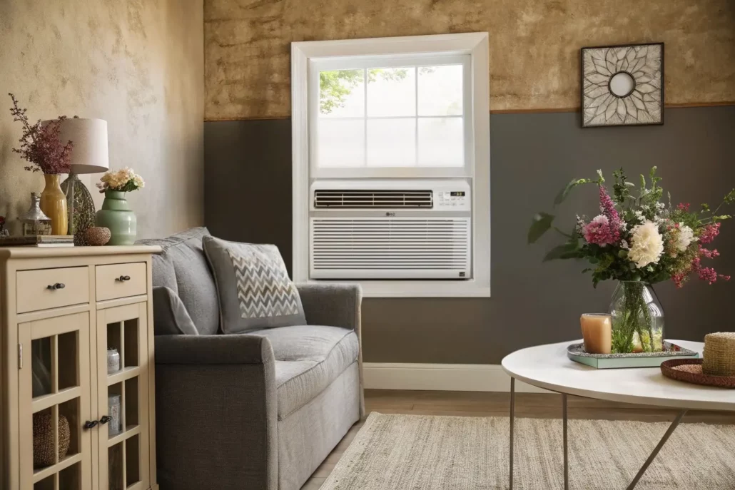 Large window air conditioner unit showing high BTU cooling requirements for big rooms and open concept spaces