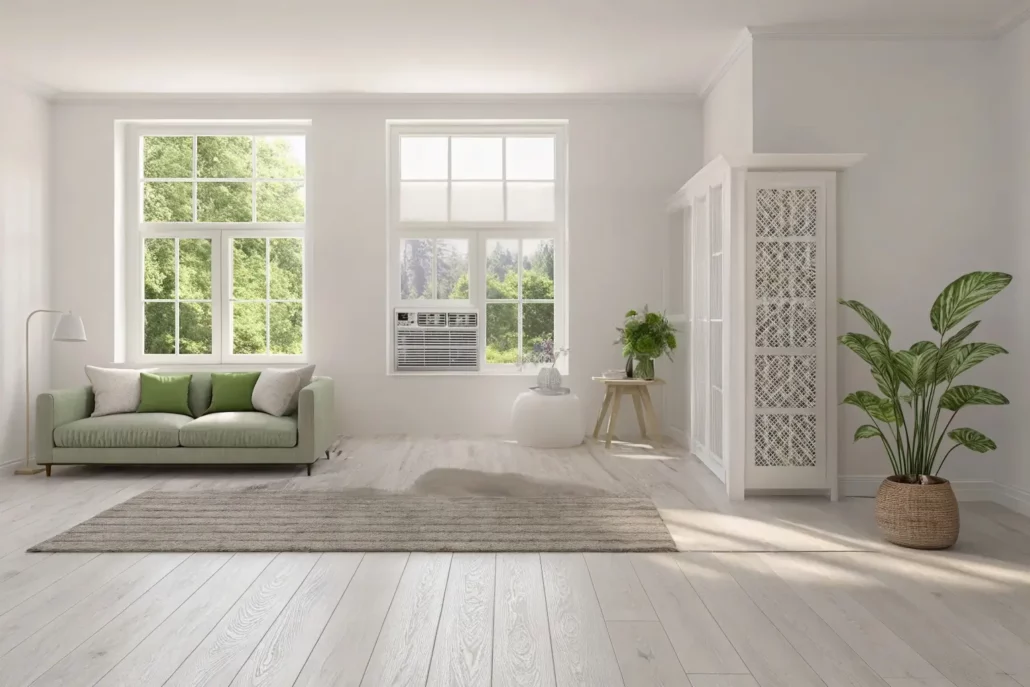 Medium living room with window air conditioner showing BTU sizing requirements for larger spaces and open floor plans