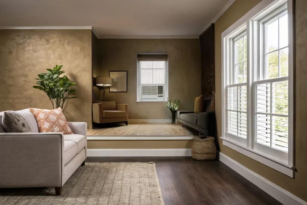 Small living room with window air conditioner showing BTU sizing considerations for compact spaces and home offices