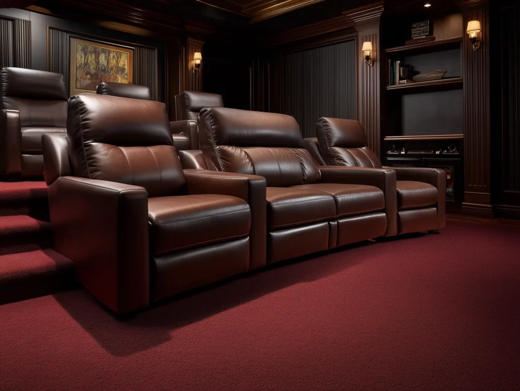 Fabrica Chez carpet in beet red color installed in luxury home theater with leather seating and dark wood paneling
