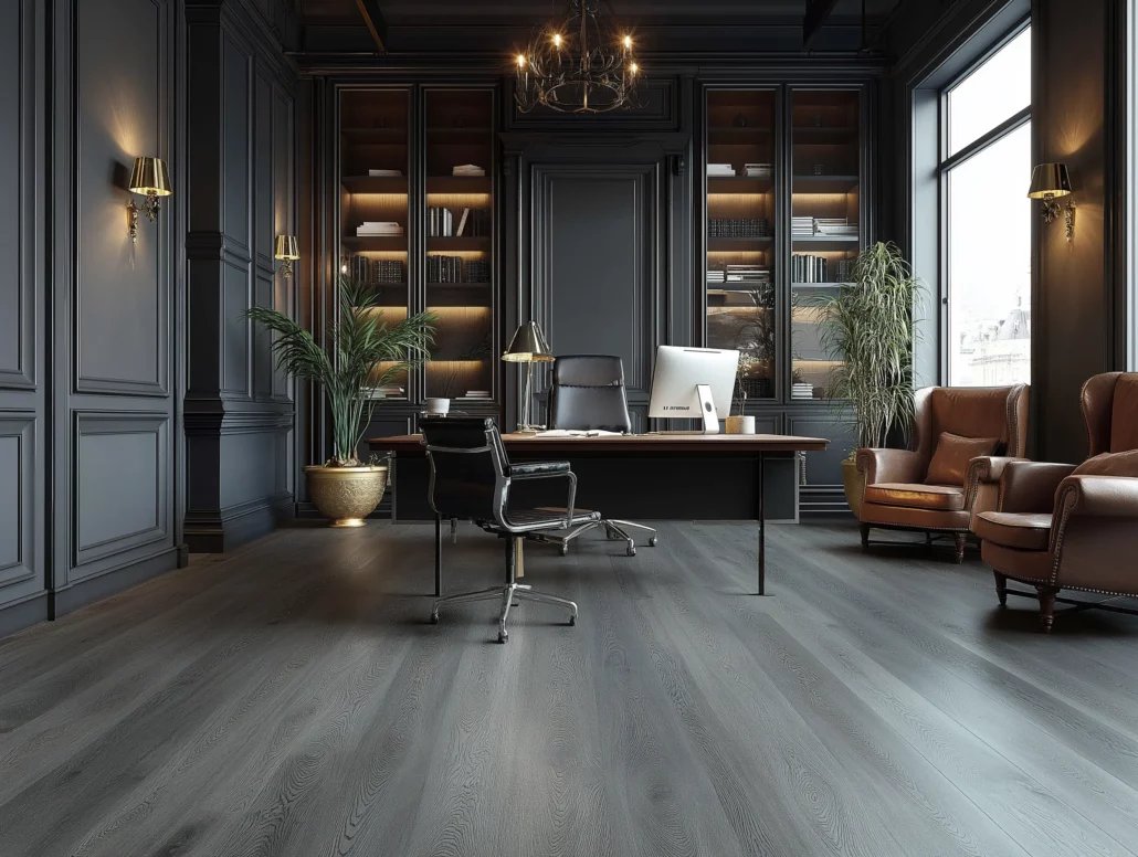 GAIA Flooring Atticus Black series GA10856 dark gray hardwood floors in luxury home office with built-in shelves