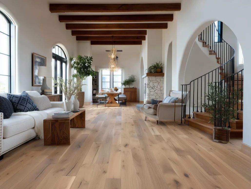 Garrison European Oak Provence wide plank hardwood flooring in modern Mediterranean-style living room with exposed beams