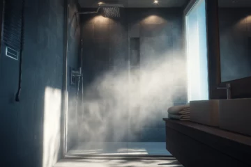 Steam-filled luxury shower with rainfall showerhead showing hot water in action