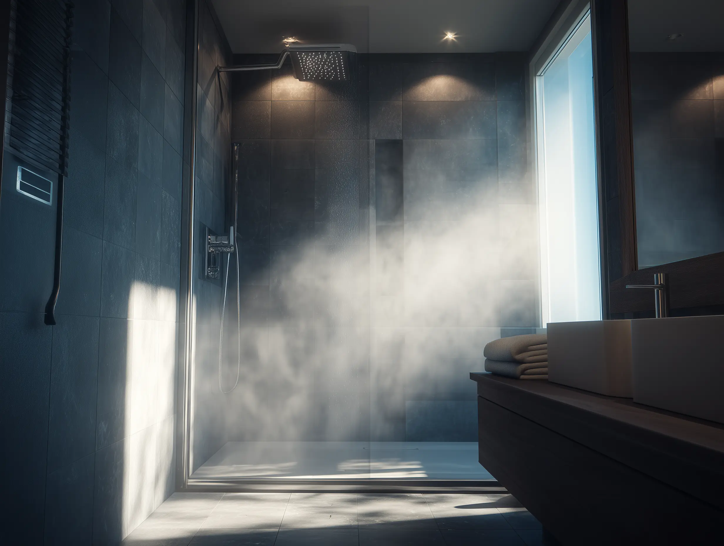 Steam-filled luxury shower with rainfall showerhead showing hot water in action