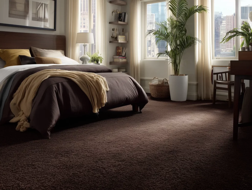 Masland Americana collection carpet in Elk color installed in luxury bedroom with city views and dark wood furniture
