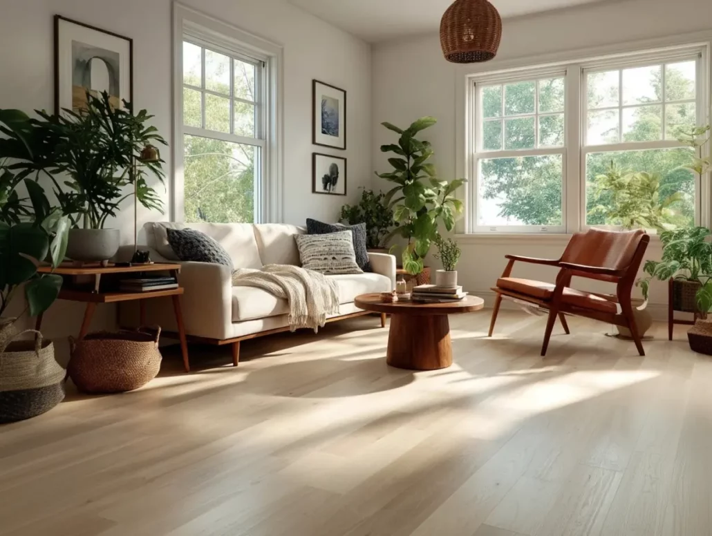Premium light wood flooring in bright modern living room with cream sofa and natural lighting