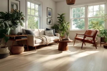 Premium light wood flooring in bright modern living room with cream sofa and natural lighting