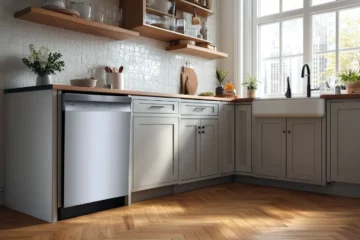Bosch 100 Series stainless steel dishwasher installed in modern kitchen with gray cabinets and wood countertops