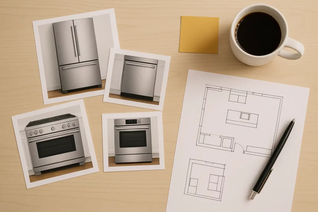 Kitchen renovation planning with photos of stainless steel appliances including refrigerator, dishwasher, range, and oven alongside floor plan sketches and coffee cup