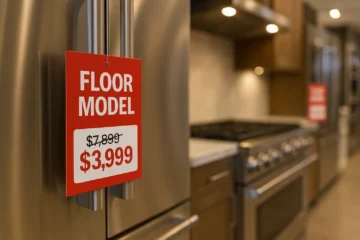 Red floor model sale tag showing $7,899 crossed out with $3,999 price on stainless steel refrigerator in appliance showroom
