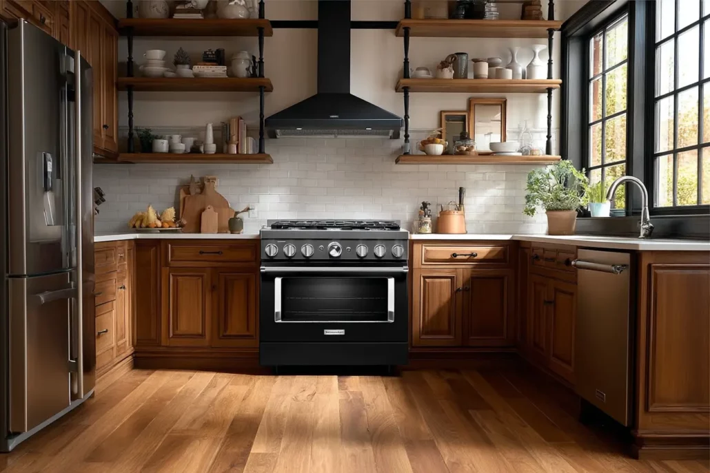 KitchenAid 36-inch Imperial Black pro-style gas range with 6 burners installed in modern kitchen with wood cabinets and open shelving