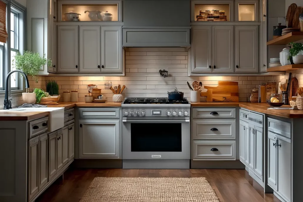 Thermador Pro Harmony 36-inch gas range PRG366WH with six Star Burners in gray kitchen with custom cabinetry and farmhouse sink, qualifies for free Emerald dishwasher