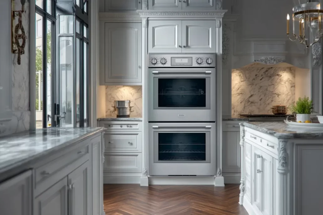 Thermador Professional POD302W double wall oven in luxury white kitchen with marble backsplash and countertops, pairs with cooktop for free appliance gift