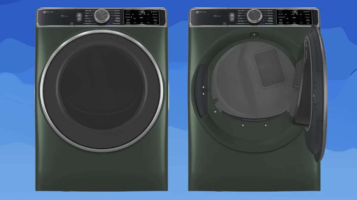 GE Profile Jade Green front-load electric dryer PFD95ESPWGN showing large drum capacity and control panel
