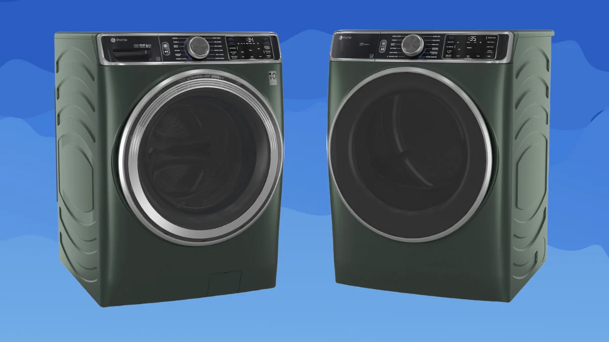 Complete GE Profile Jade Green laundry pair showing PFW955SPWGN washer and PFD95ESPWGN dryer set side by side