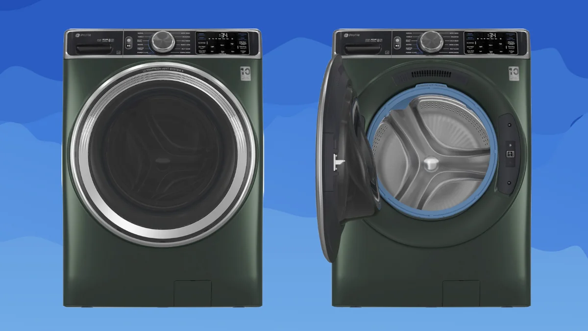 GE Profile Jade Green front-load washer PFW955SPWGN with digital control panel and large capacity drum