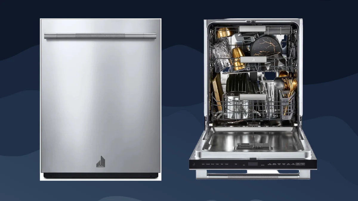 JennAir 24-inch built-in dishwasher with ultra-quiet 39 dBA operation showing stainless steel interior and third rack design