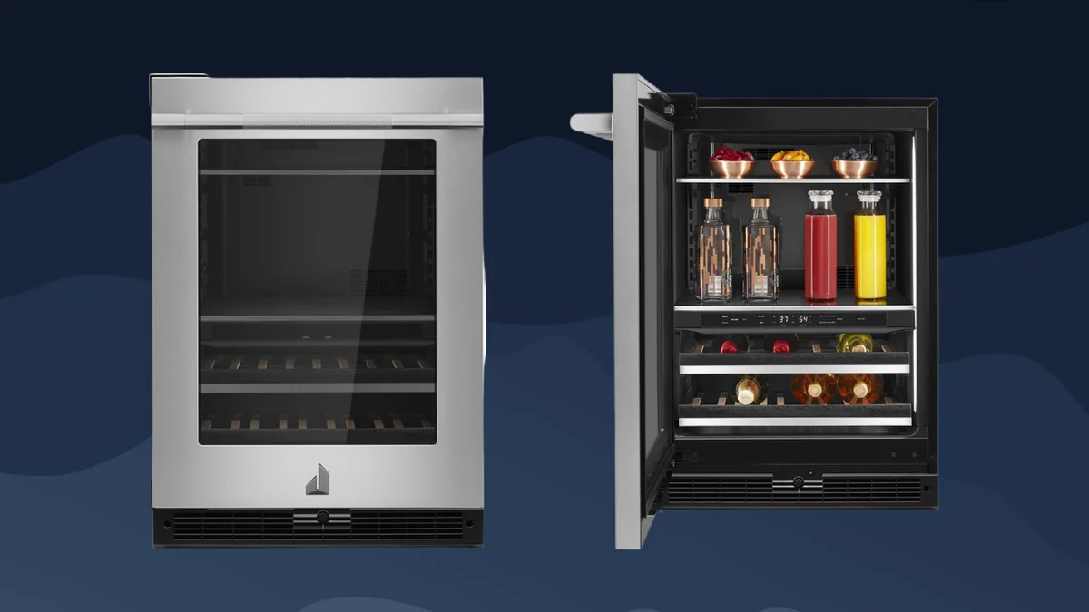 JennAir RISE 24-inch wine cooler with Obsidian interior displaying wine bottles in dual temperature zones with UV-resistant glass door