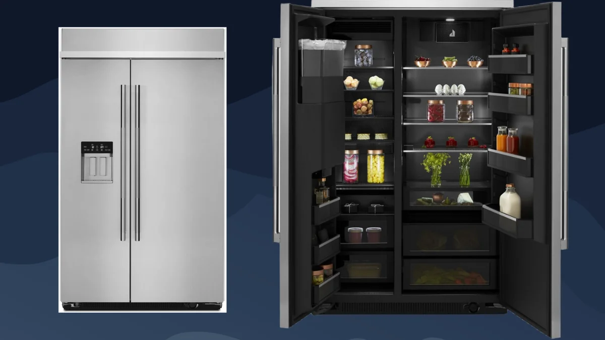 JennAir RISE 48-inch refrigerator with dramatic Obsidian interior featuring black glass shelves and LED lighting illuminating fresh food storage