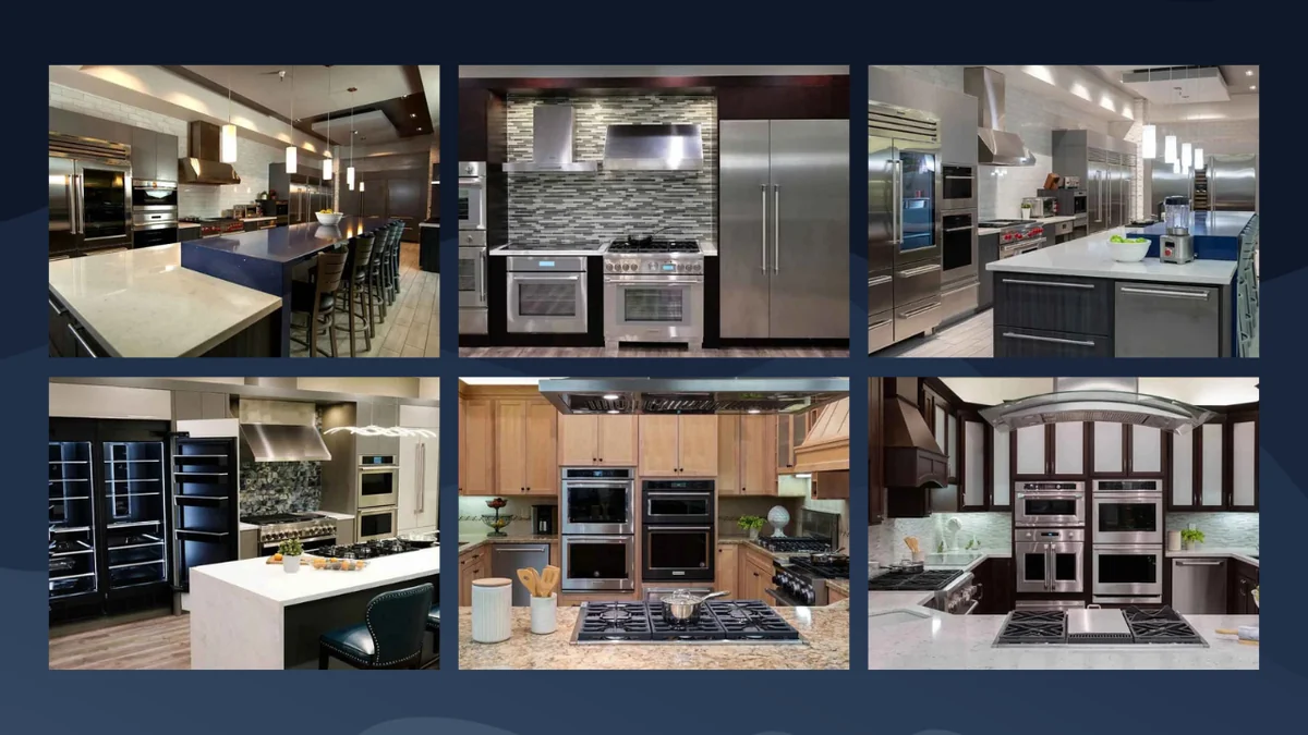 JennAir showroom at Masters Wholesale featuring California's largest live kitchen displays with multiple complete kitchen setups
